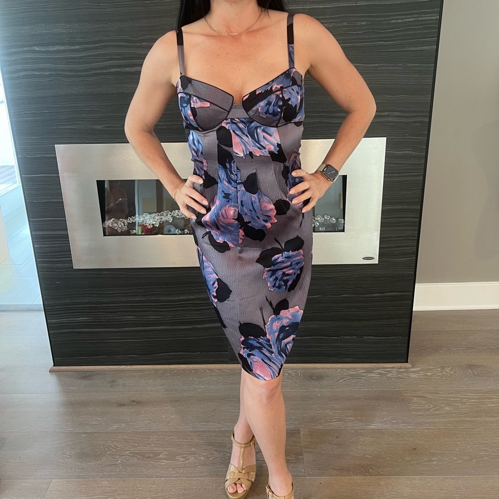 Rebecca Taylor Gray Midi Dress with Blue and Pink Floral Print